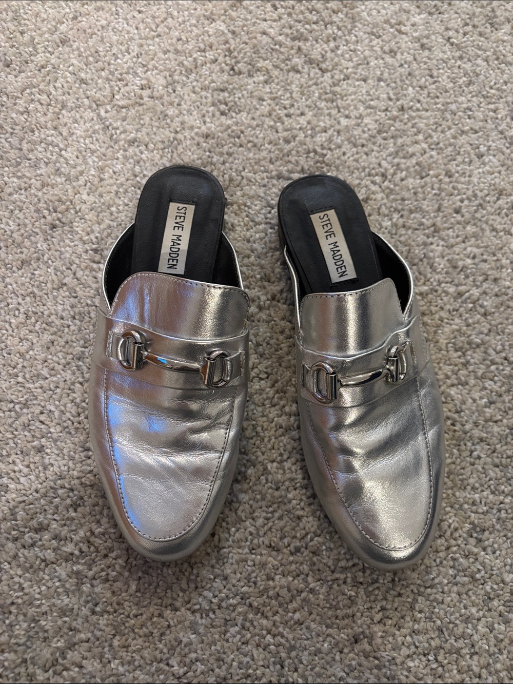 Steve Madden Metallic Silver Slip-On Mules with Chain Detail